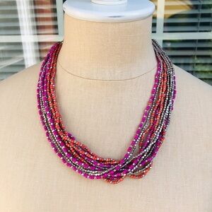 Colorful & Silver Tone Beads Multi Strand Necklace